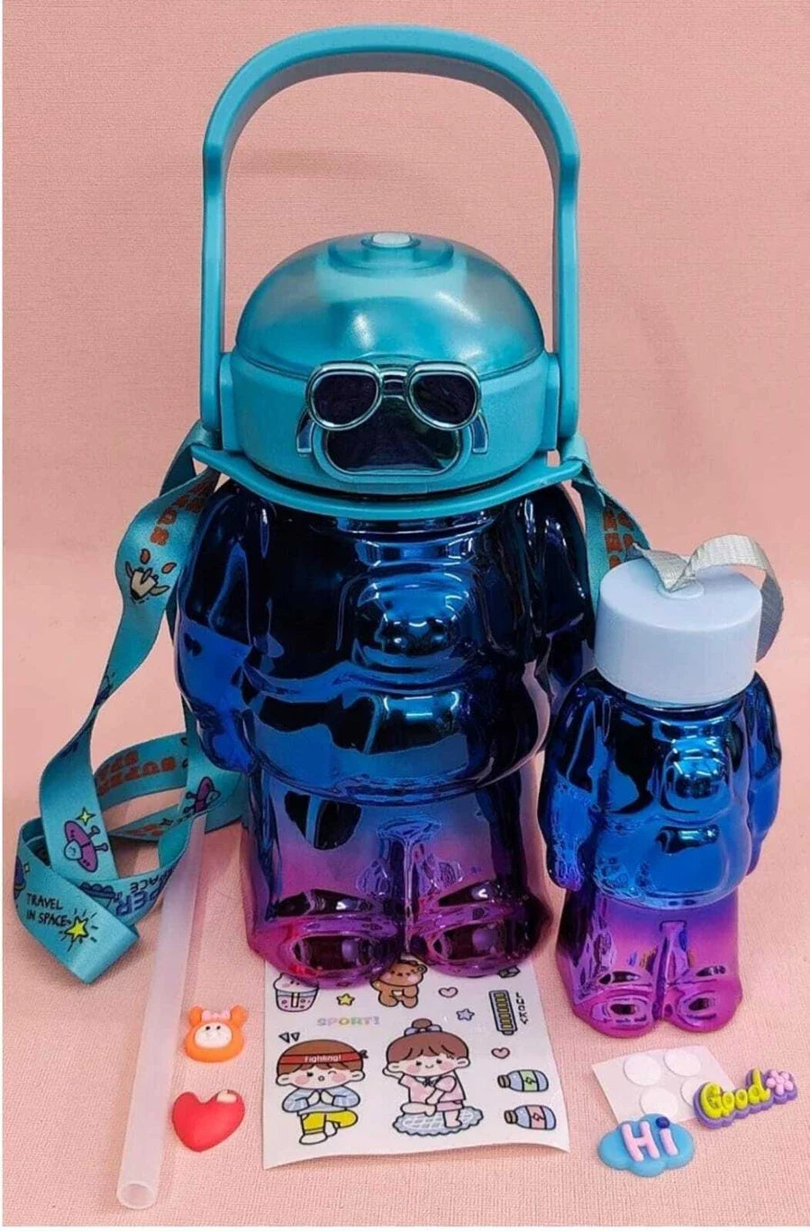 Home Cloud Set of 2pc (1000 + 200ml) BPA-Free, Leak-Proof Robot Shape Water Bottles - The Ultimate Hydration Solution for Kid's, School, Gym, and Picnic Adventures {Random Color} - 20709