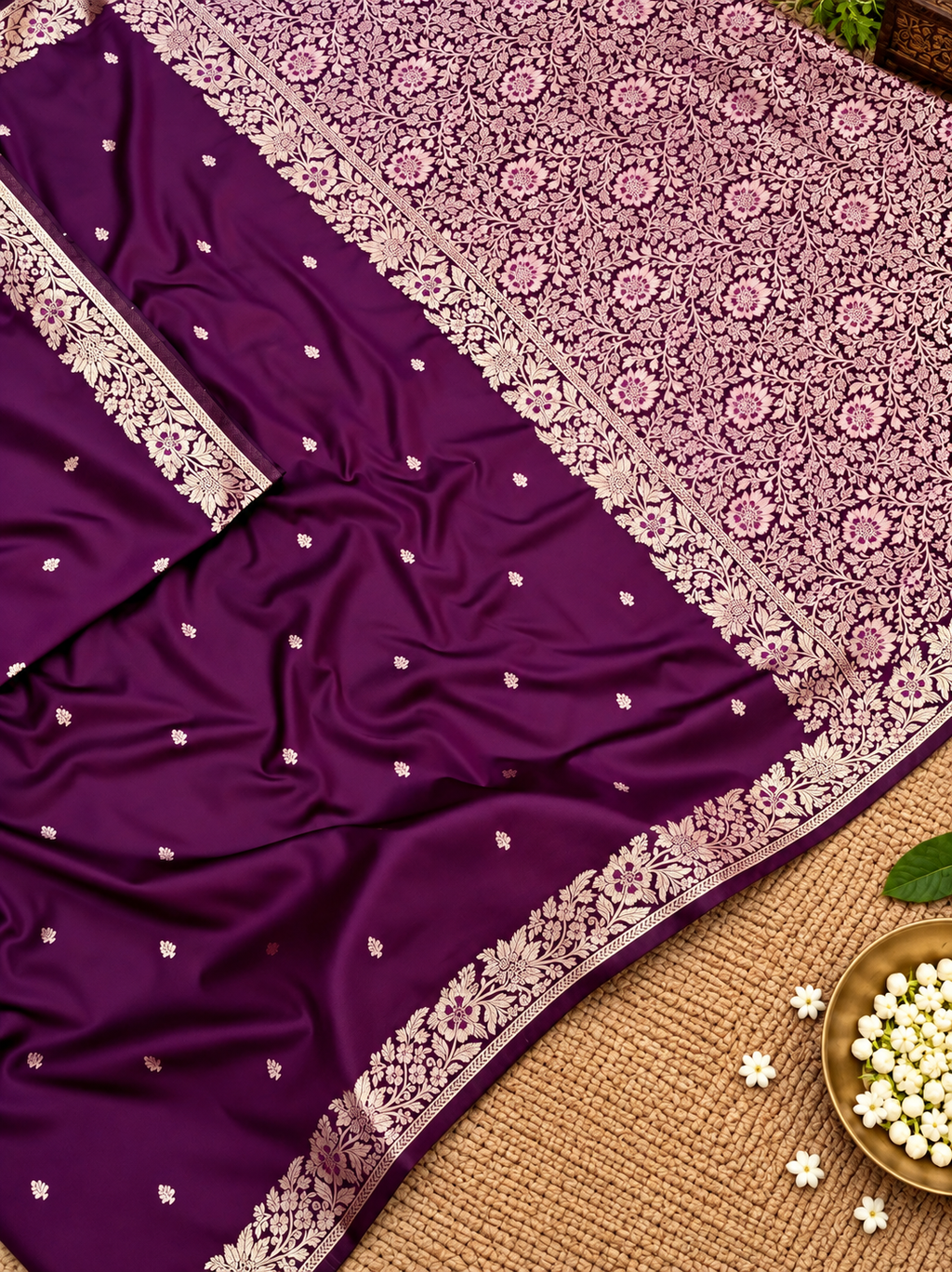 Premium Deep Plum Muga Banarasi Saree with Intricate Floral Handwork & All-Over Weaving