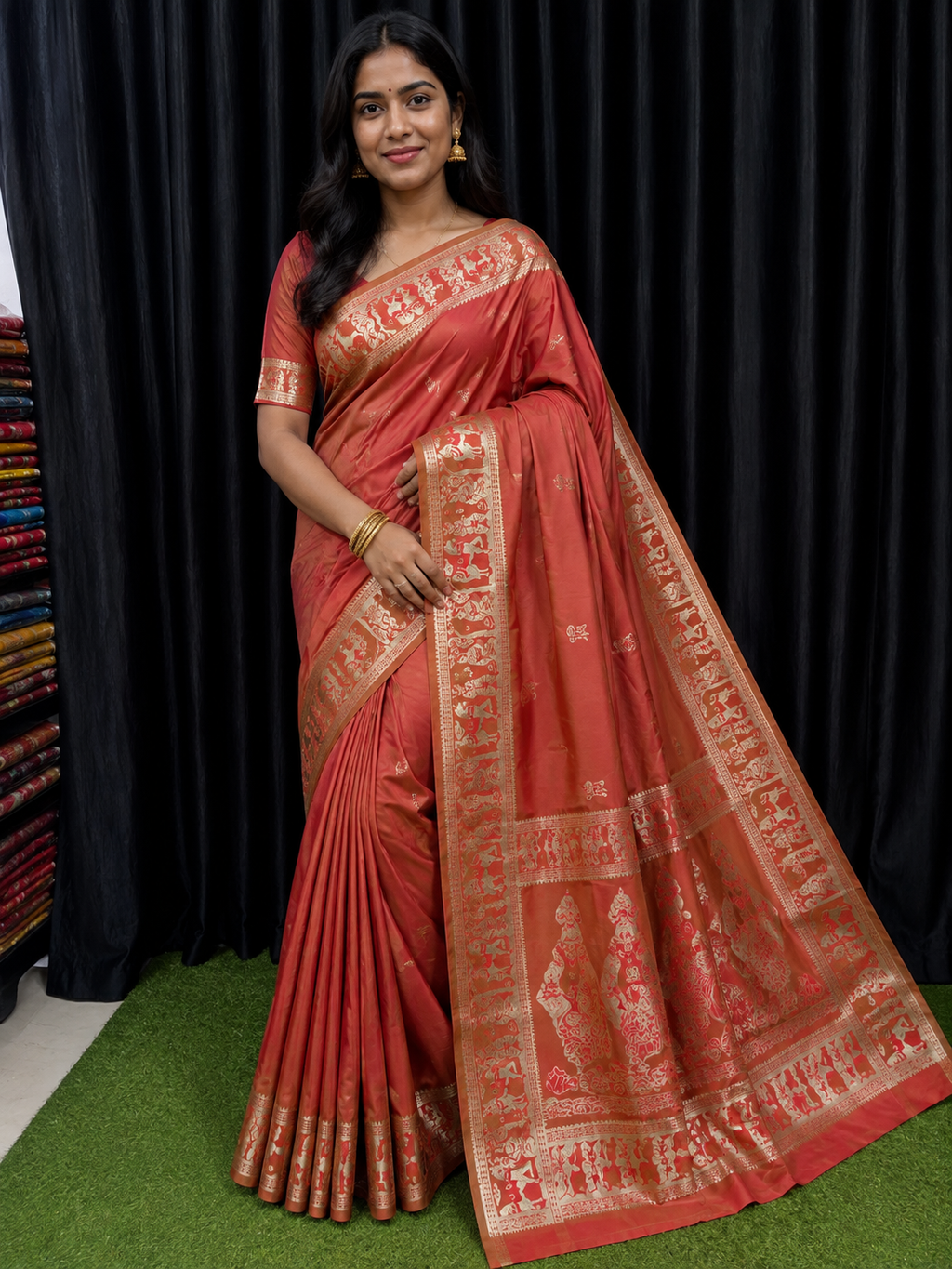 Heritage Flame Earthy Red & Gold Handcrafted Bishnupuri Silk Saree