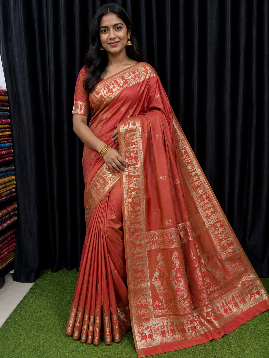 Heritage Flame Earthy Red & Gold Handcrafted Bishnupuri Silk Saree