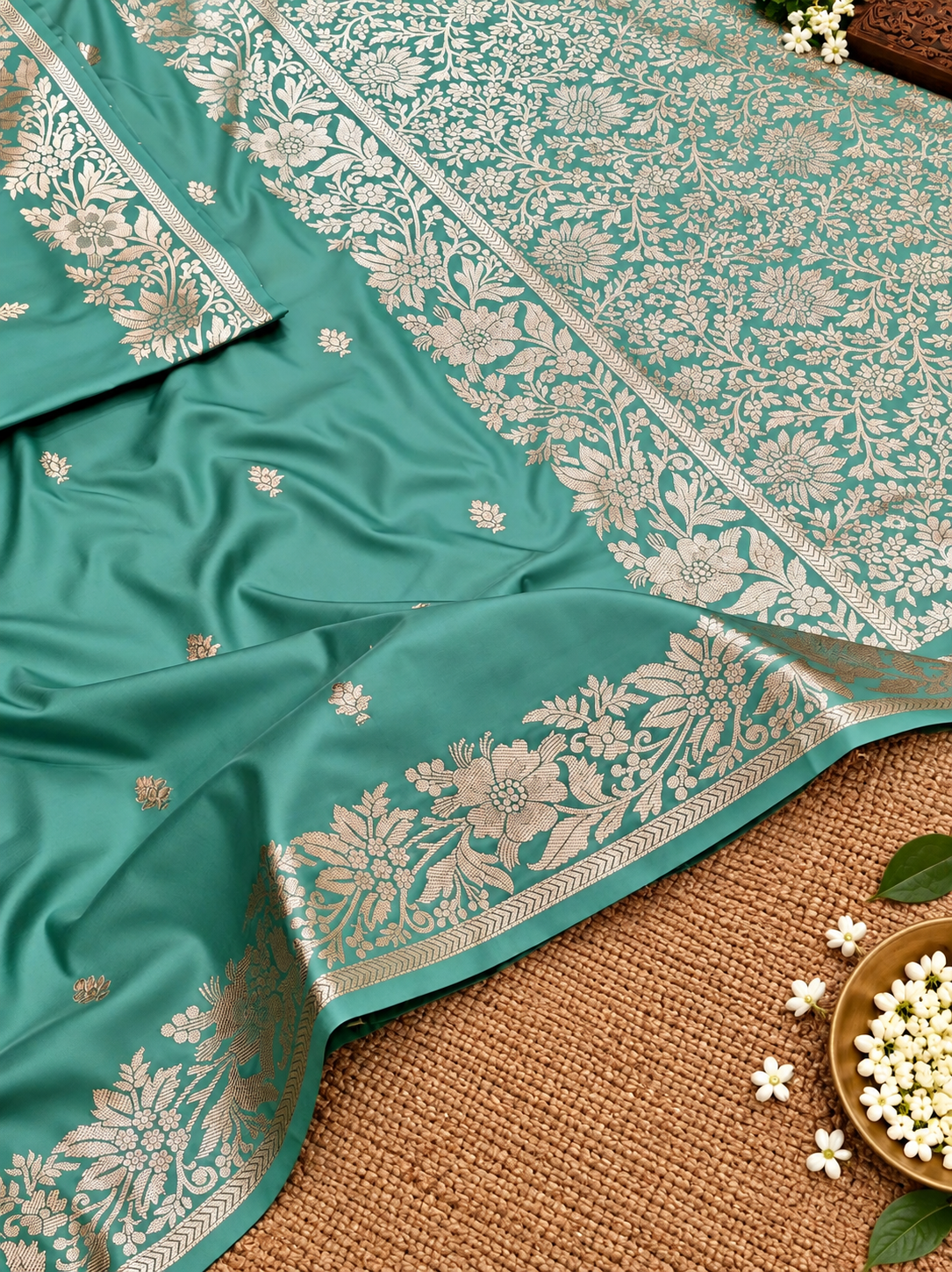 Premium Sea Green Muga Banarasi Saree with All-Over Floral Handwork & Woven Zari