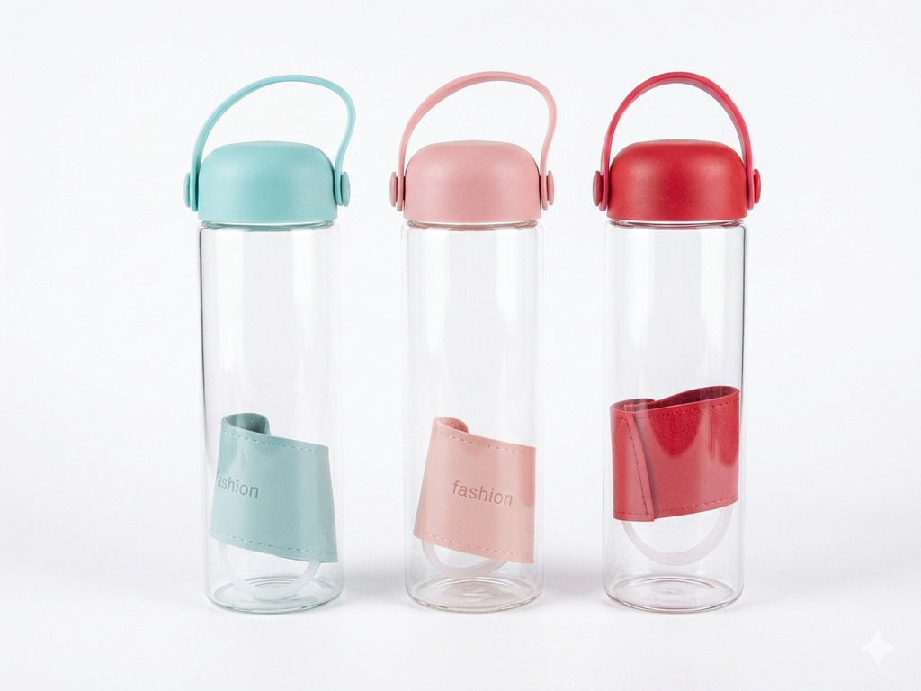 Premium Glass Water Bottle with Handle | Leakproof BPA Free Drinking Bottle | Portable Water Flask for Office, Gym & Travel {Random Color} - 20733