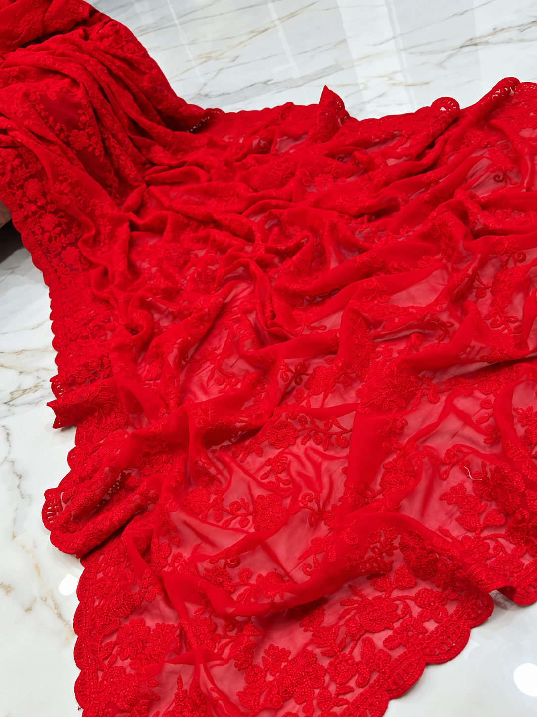 Red Pure Georgette Chikankari Handwork Saree | All-Over Hand Embroidery with Designer Lace Border & Blouse Piece