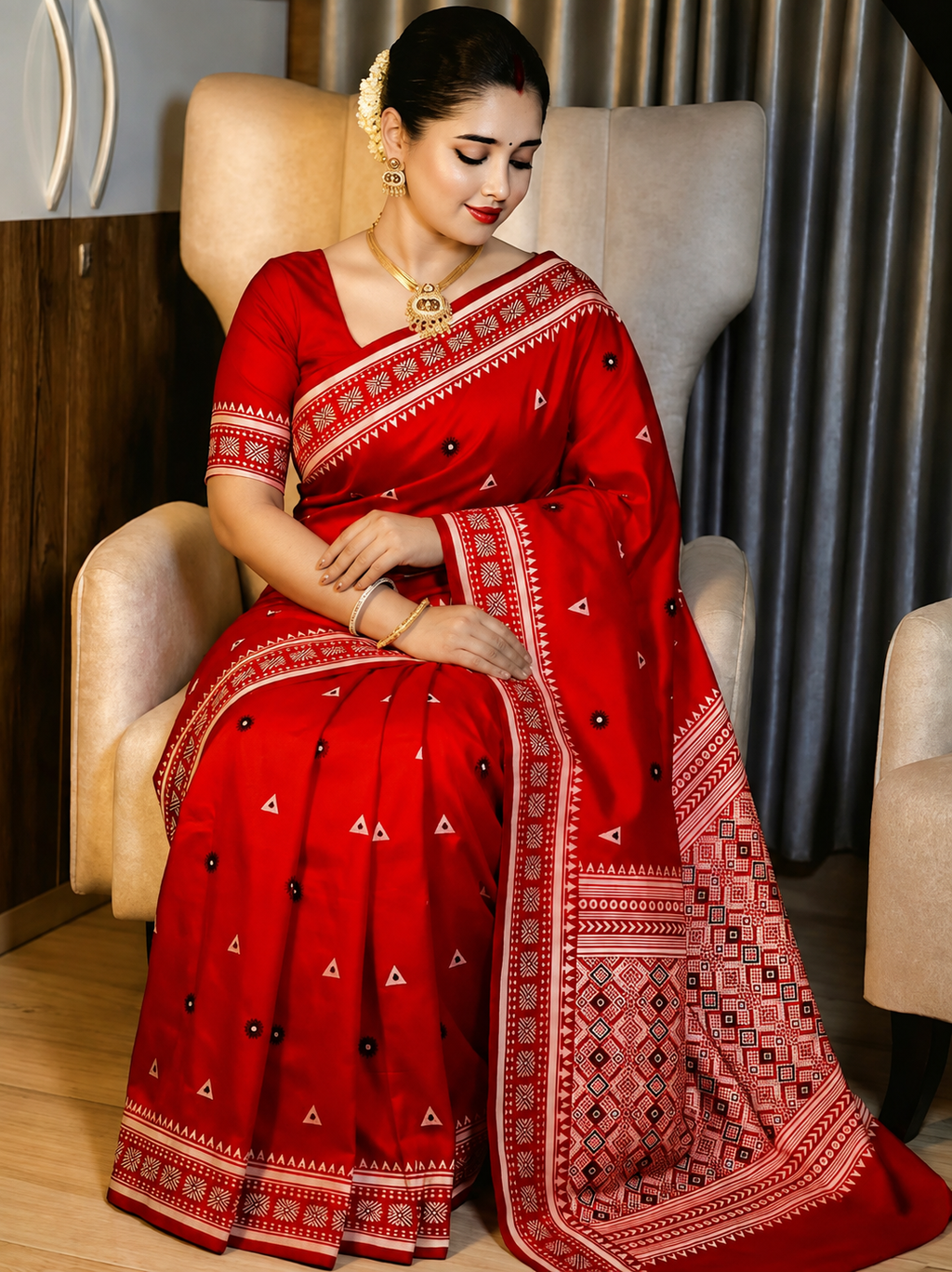 Premium Assam Gachi Tussar Silk Saree in Vibrant Red with Traditional Geometric Handcrafted Motifs & Blouse Piece