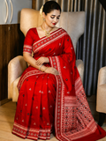 Premium Assam Gachi Tussar Silk Saree in Vibrant Red with Traditional Geometric Handcrafted Motifs & Blouse Piece