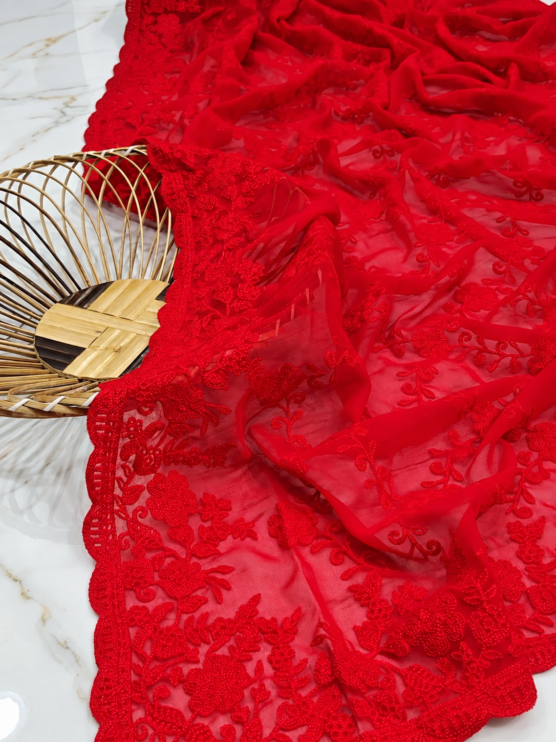 Red Pure Georgette Chikankari Handwork Saree | All-Over Hand Embroidery with Designer Lace Border & Blouse Piece