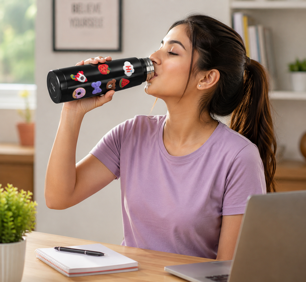 Cute Cartoon Sticker Stainless Steel Vacuum Insulated Water Bottle | Leakproof Hot & Cold Thermal Flask | Portable Travel Bottle for School, Office & Gym - 20955