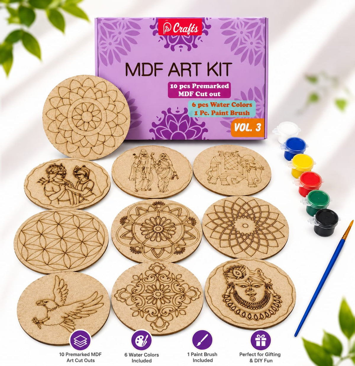 (10 PCS) DIY MDF Art Kit with 10 Pre-Marked Round Coasters, 6 Water Colors & Paint Brush | Wooden Painting Craft Kit for Kids & Adults - 20967