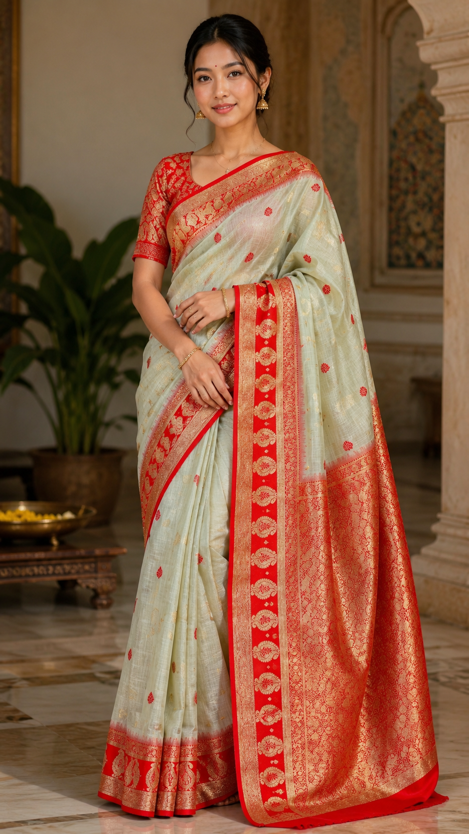 Pastel Mint Handwoven Mahabalipuram Silk Saree with Rich Red Zari Contrast Border