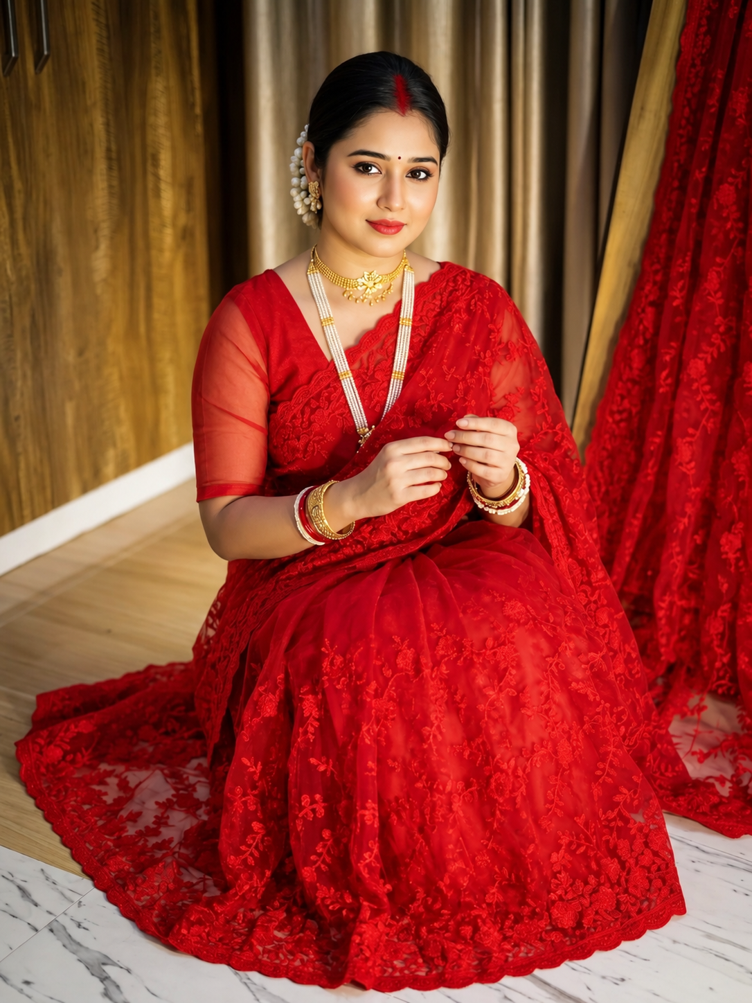 Red Pure Georgette Chikankari Handwork Saree | All-Over Hand Embroidery with Designer Lace Border & Blouse Piece