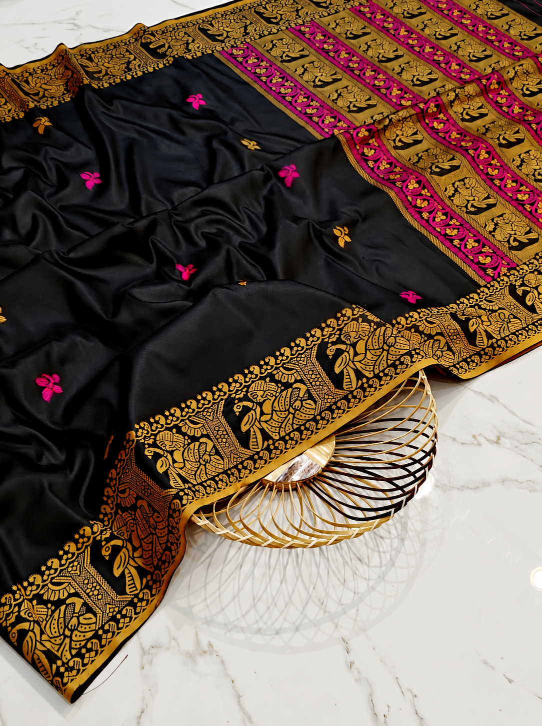 Premium Black Tussar Silk Saree with Hand Embroidered Floral Motifs & Intricate Gold-Pink Border | Elegant Handcrafted Saree with Blouse Piece