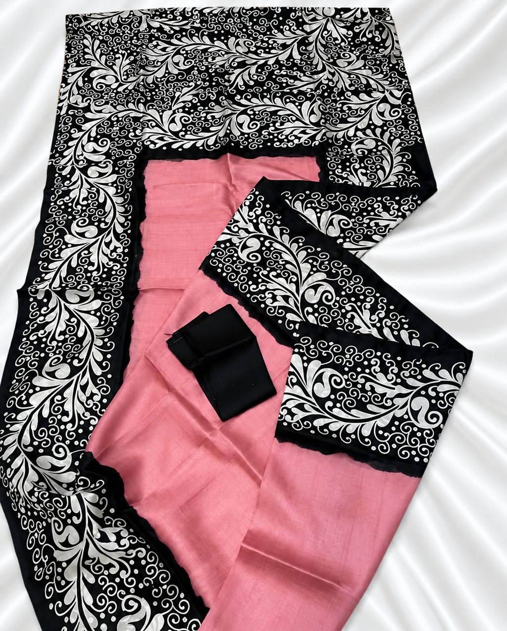Pink & Black 3-Ply Pure Silk Handcrafted Saree with Artistic Floral Pallu & Silk Mark