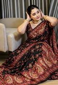 Premium Black Kashmiri Pashmina Saree with Floral Butta, Paisley Border & Minakari Handwork