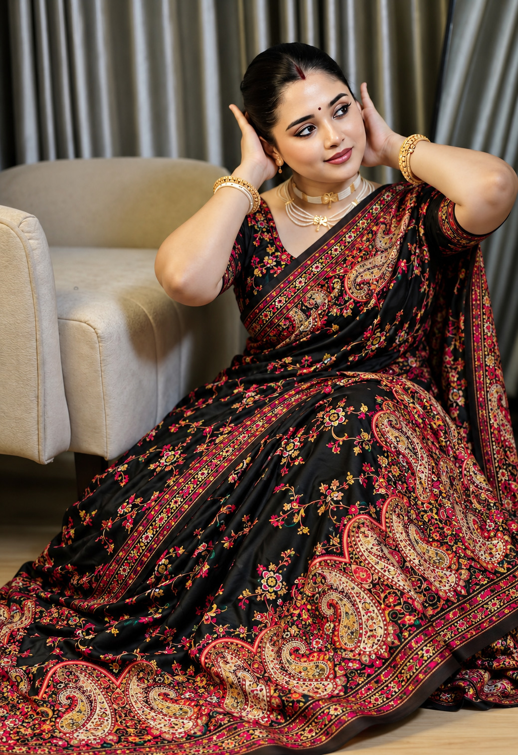 Premium Black Kashmiri Pashmina Saree with Floral Butta, Paisley Border & Minakari Handwork