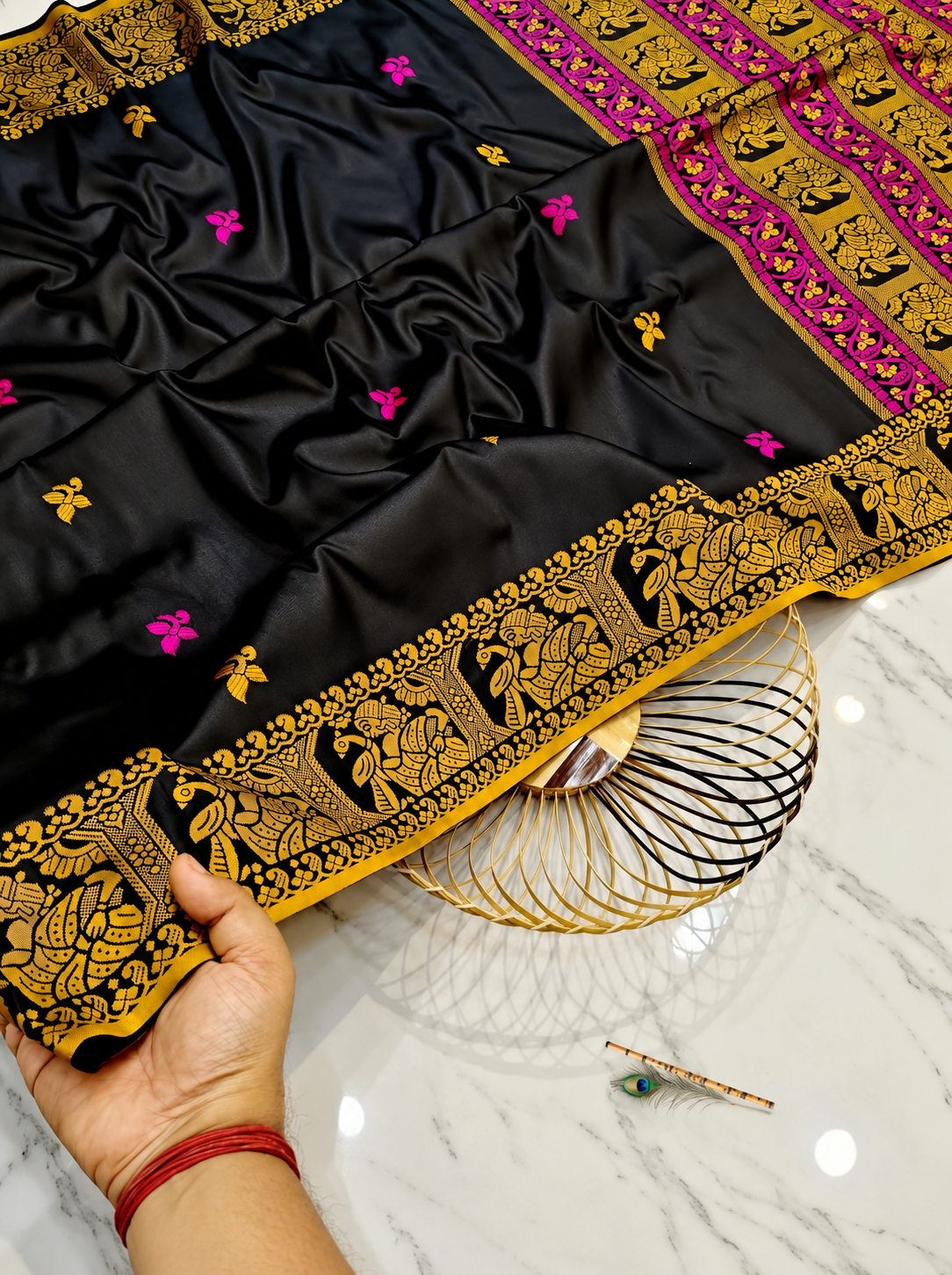 Premium Black Tussar Silk Saree with Hand Embroidered Floral Motifs & Intricate Gold-Pink Border | Elegant Handcrafted Saree with Blouse Piece
