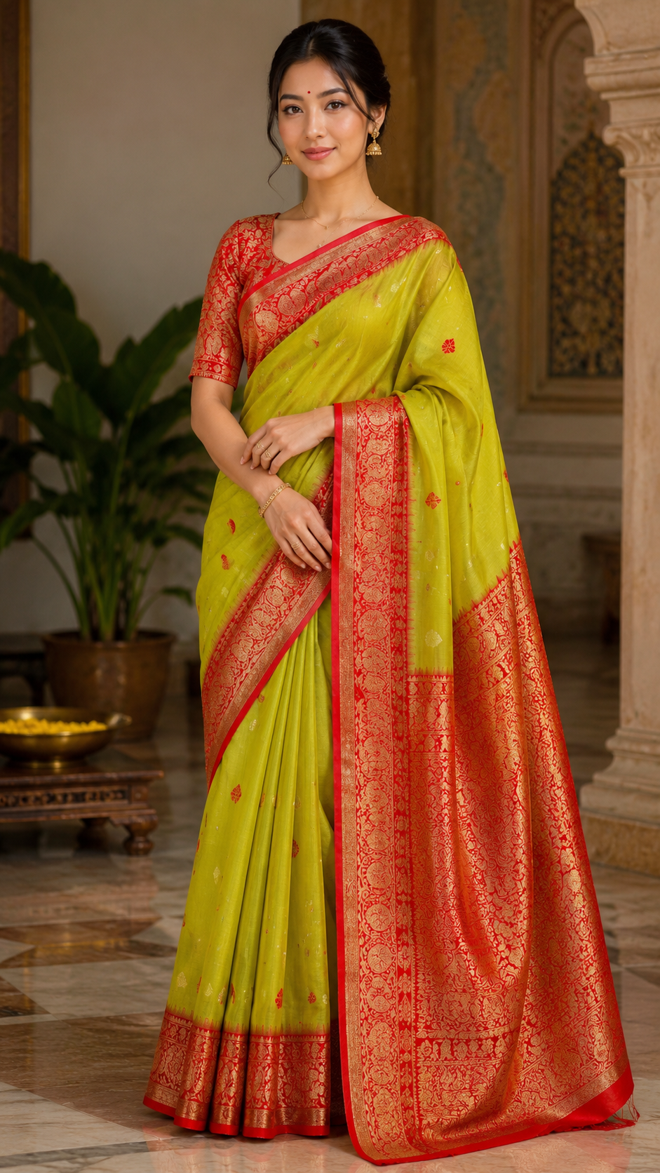 Olive Pastel Handwoven Mahabalipuram Silk Saree with Rich Red Gold Zari Contrast Border