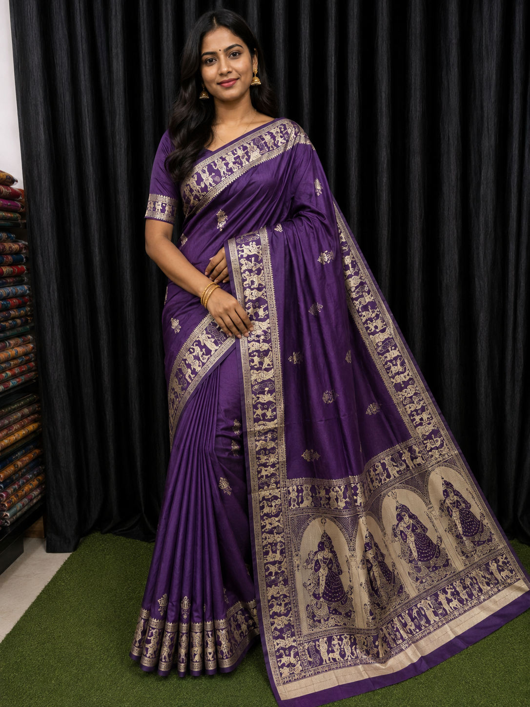 Royal Amethyst Purple & Gold Handcrafted Bishnupuri Silk Saree
