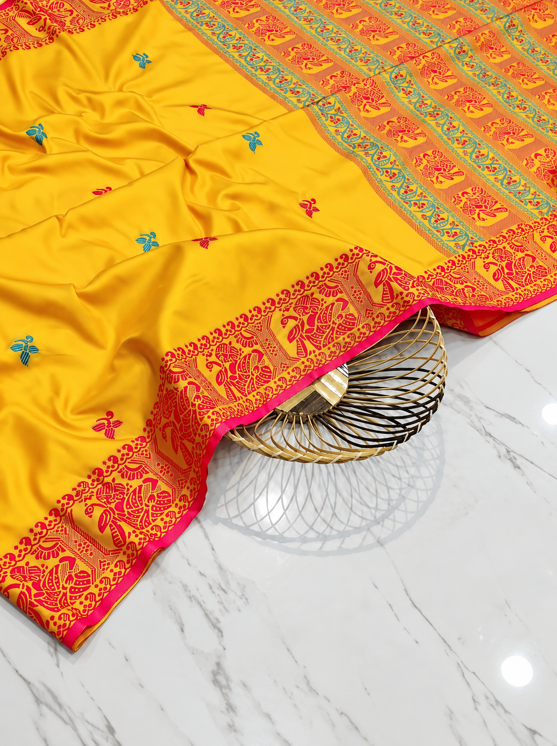 Premium Yellow Tussar Silk Saree with Hand Embroidered Floral Motifs & Pink-Gold Traditional Border | Designer Handcrafted Saree with Blouse Piece