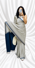 Ivory & Navy Blue 3-Ply Pure Silk Handcrafted Saree with Fine Stripes & Geometric Border | Silk Mark