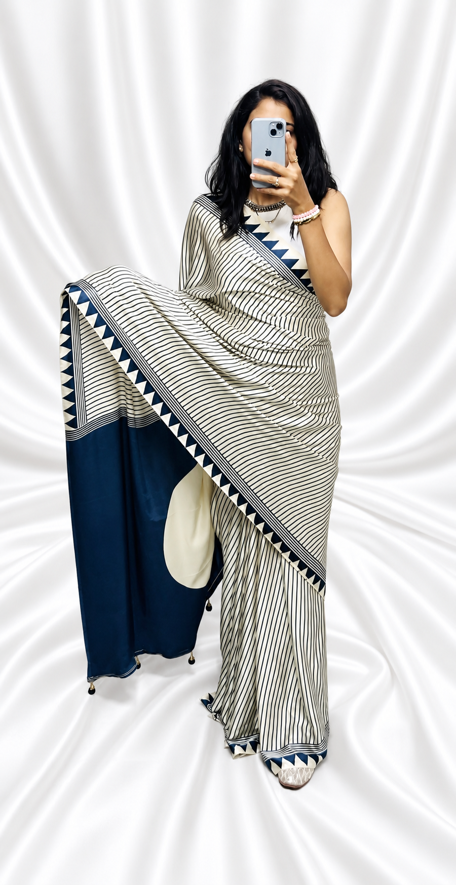 Ivory & Navy Blue 3-Ply Pure Silk Handcrafted Saree with Fine Stripes & Geometric Border | Silk Mark
