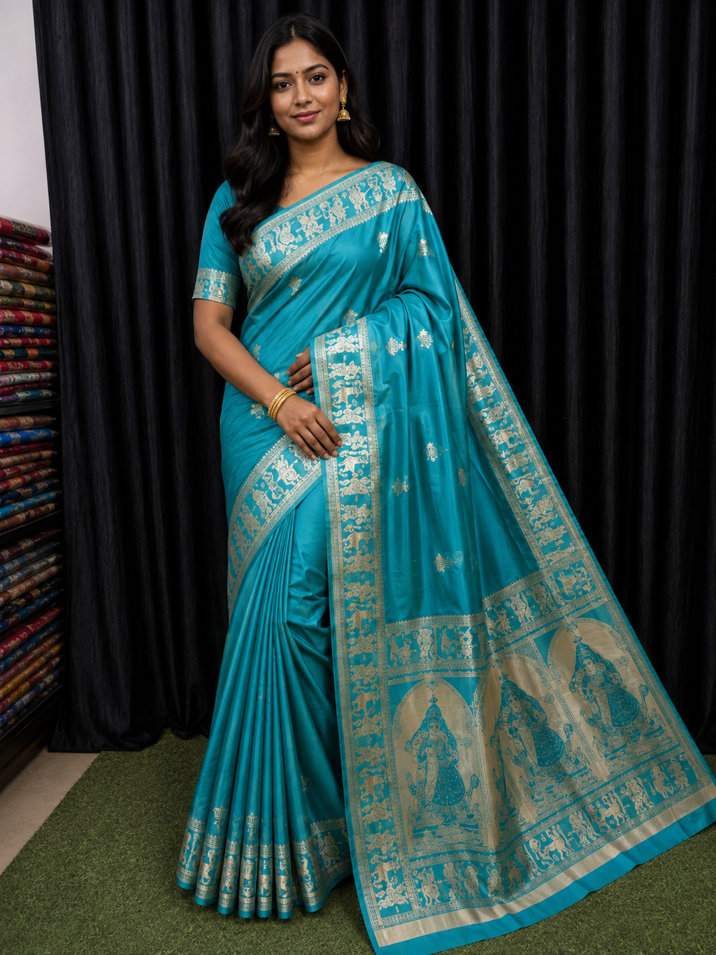 Opal Grace Handcrafted Bishnupuri Silk Saree in Tiffany Blue & Gold