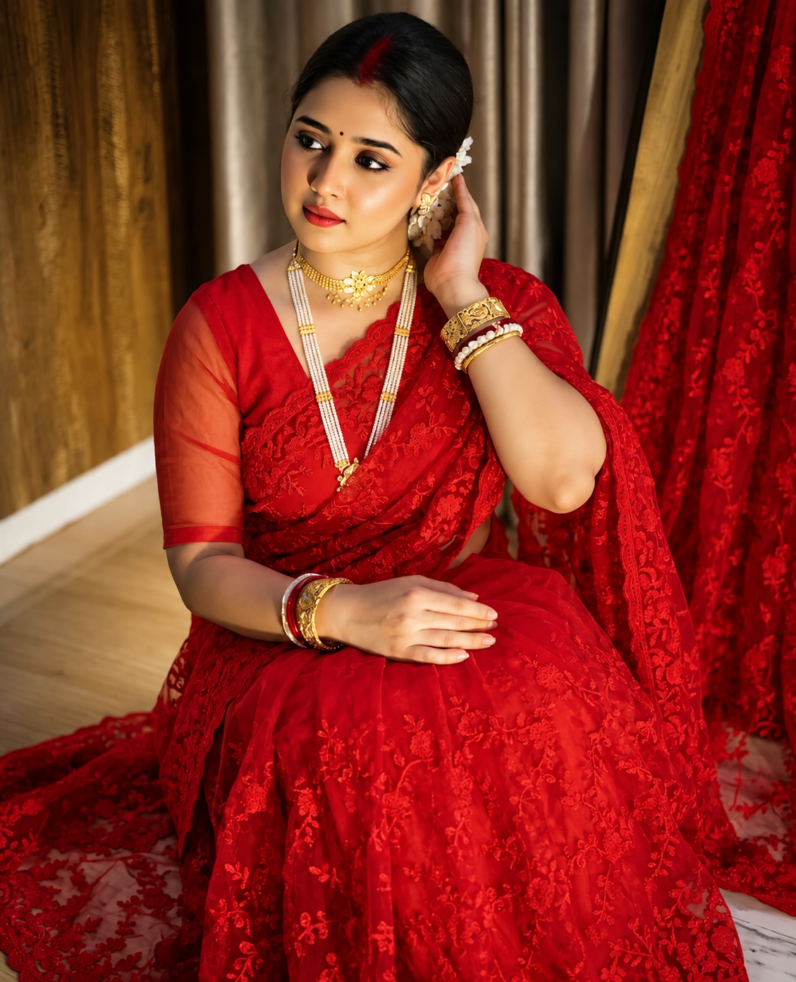 Red Pure Georgette Chikankari Handwork Saree | All-Over Hand Embroidery with Designer Lace Border & Blouse Piece