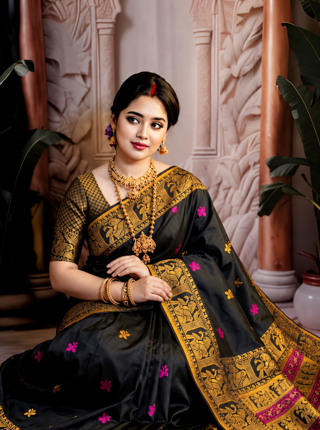 Premium Black Tussar Silk Saree with Hand Embroidered Floral Motifs & Intricate Gold-Pink Border | Elegant Handcrafted Saree with Blouse Piece