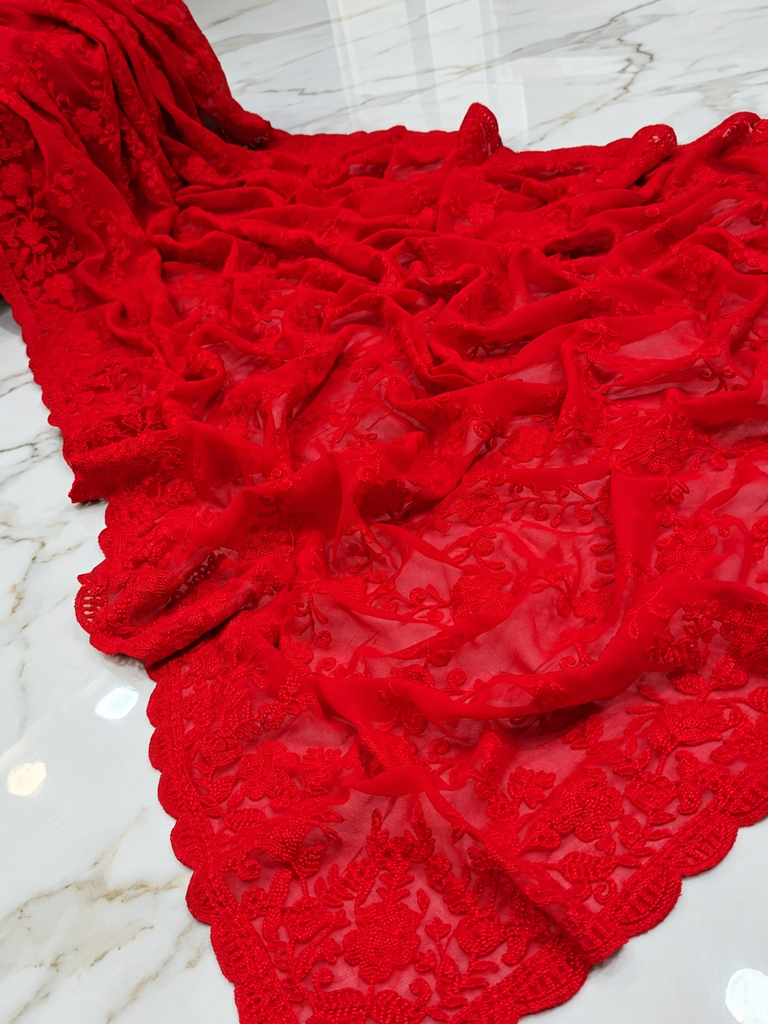 Red Pure Georgette Chikankari Handwork Saree | All-Over Hand Embroidery with Designer Lace Border & Blouse Piece