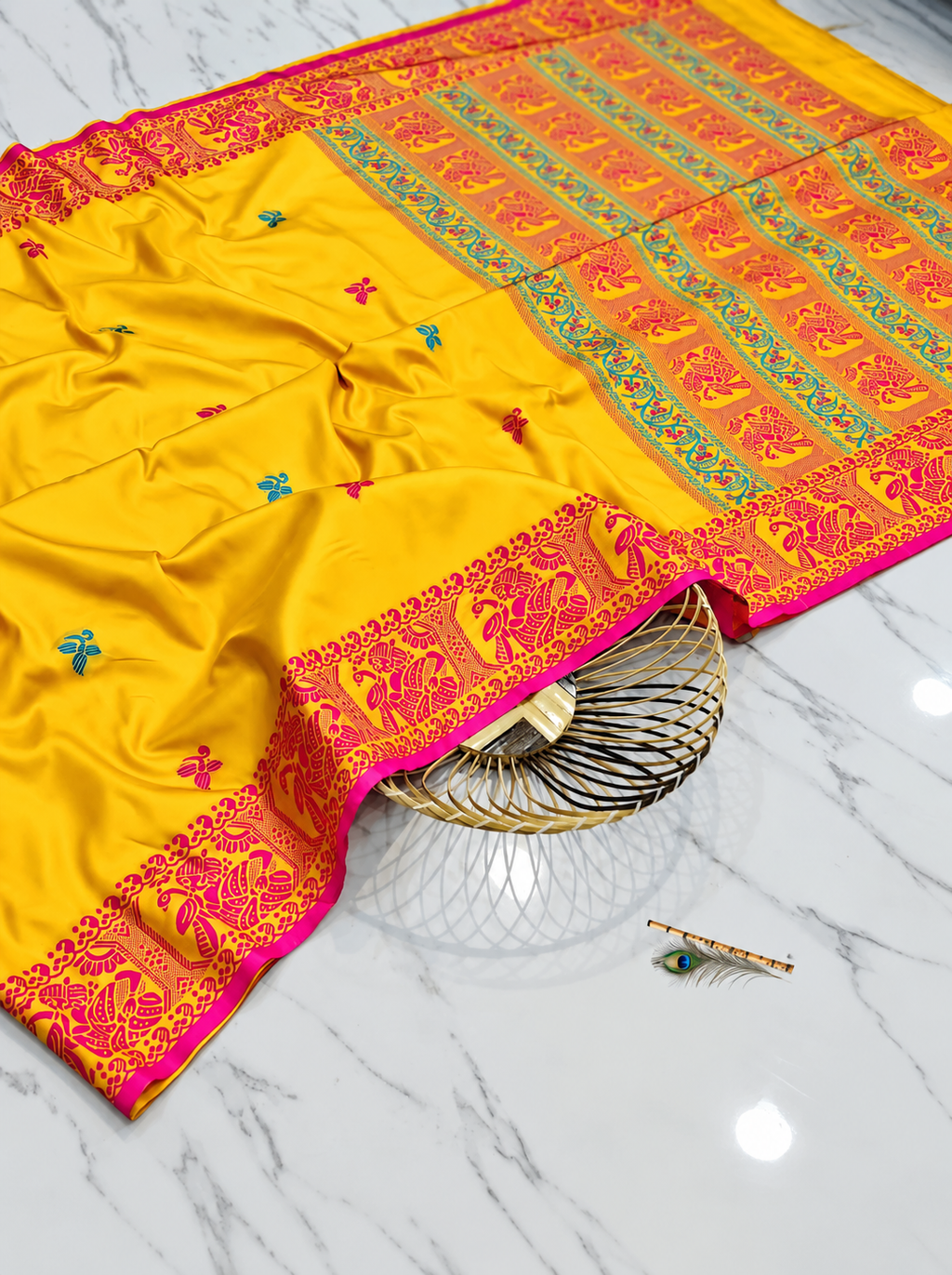 Premium Yellow Tussar Silk Saree with Hand Embroidered Floral Motifs & Pink-Gold Traditional Border | Designer Handcrafted Saree with Blouse Piece