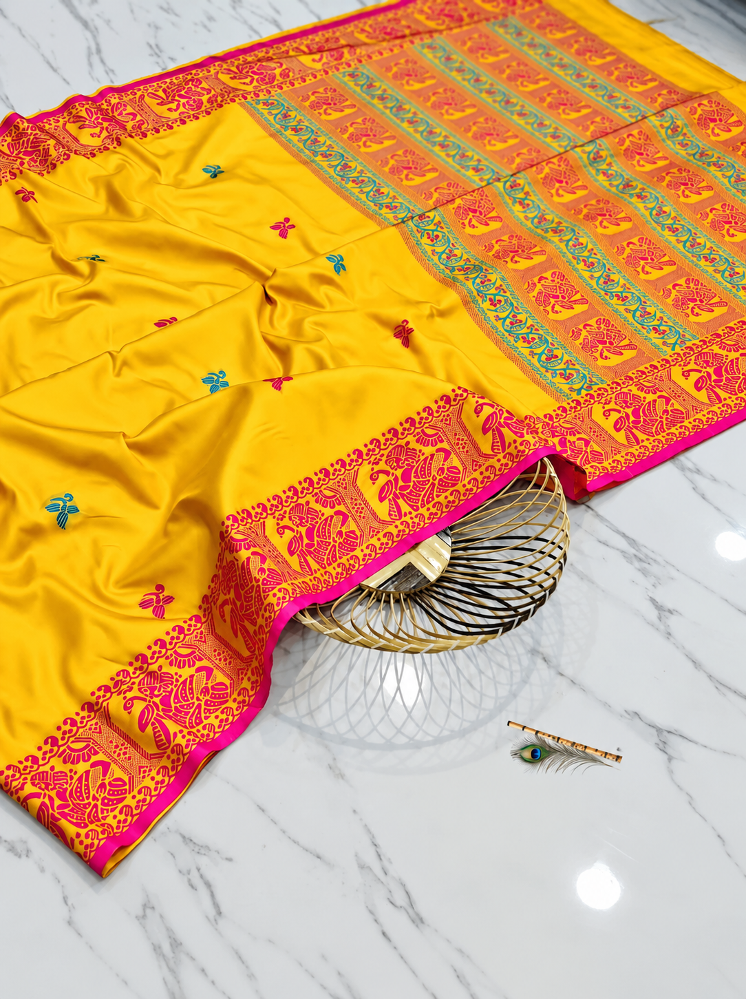 Premium Yellow Tussar Silk Saree with Hand Embroidered Floral Motifs & Pink-Gold Traditional Border | Designer Handcrafted Saree with Blouse Piece
