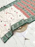 Premium Ivory Tussar Silk Saree with Hand Embroidered Motifs & Green-Red Traditional Border | Elegant Handcrafted Saree with Blouse Piece