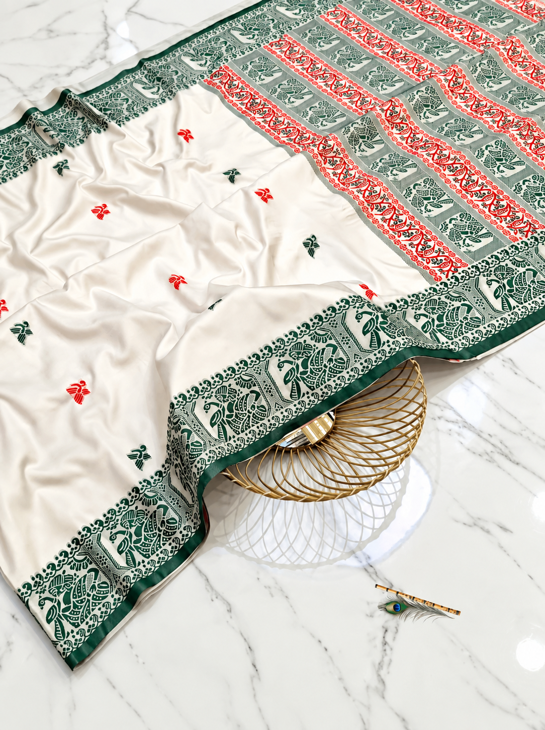 Premium Ivory Tussar Silk Saree with Hand Embroidered Motifs & Green-Red Traditional Border | Elegant Handcrafted Saree with Blouse Piece
