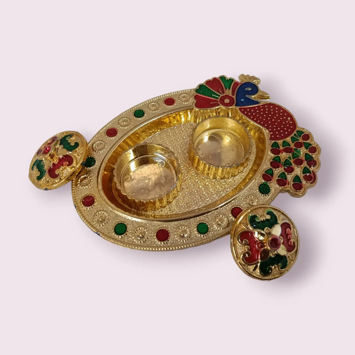 Peacock Oval Tikka Thali | Exquisite Handcrafted Plate for Rituals & Festivities | - 11354