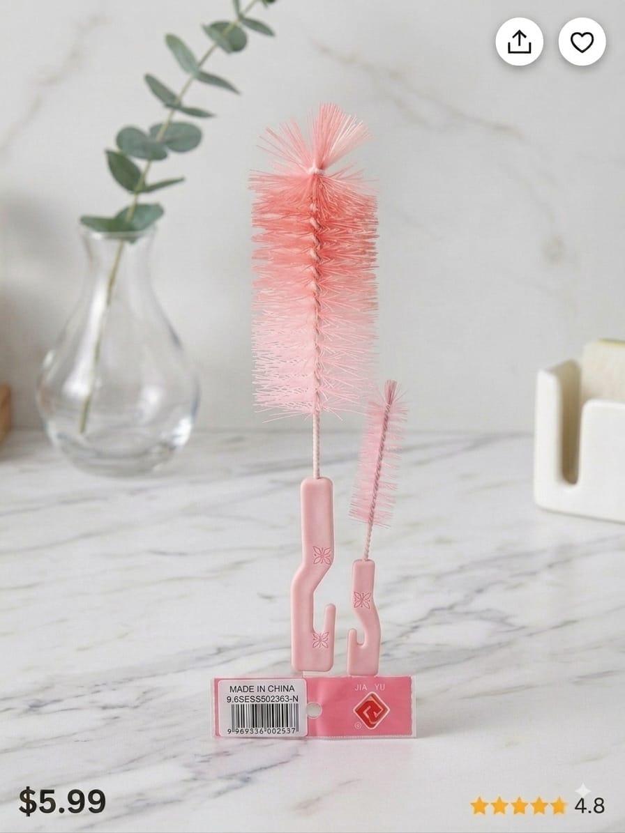 (set of 2) 1 big 1 small Nylon Bottle Brush with Nipple Cleaner | 360° Rotating Handle | High-Density Soft Bristles | BPA Free | Scratch-Free Cleaning | Non-Toxic | Easy Grip (Multicolour) - 21046