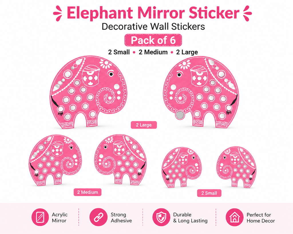 KLD 3107 Pack of 6 Elephant Acrylic Mirror Wall Stickers (2 Large + 2 Medium + 2 Small) | Decorative DIY Home & Living Room Wall Decor | Self-Adhesive Mirror Decals random colours