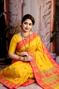 Premium Yellow Tussar Silk Saree with Hand Embroidered Floral Motifs & Pink-Gold Traditional Border | Designer Handcrafted Saree with Blouse Piece