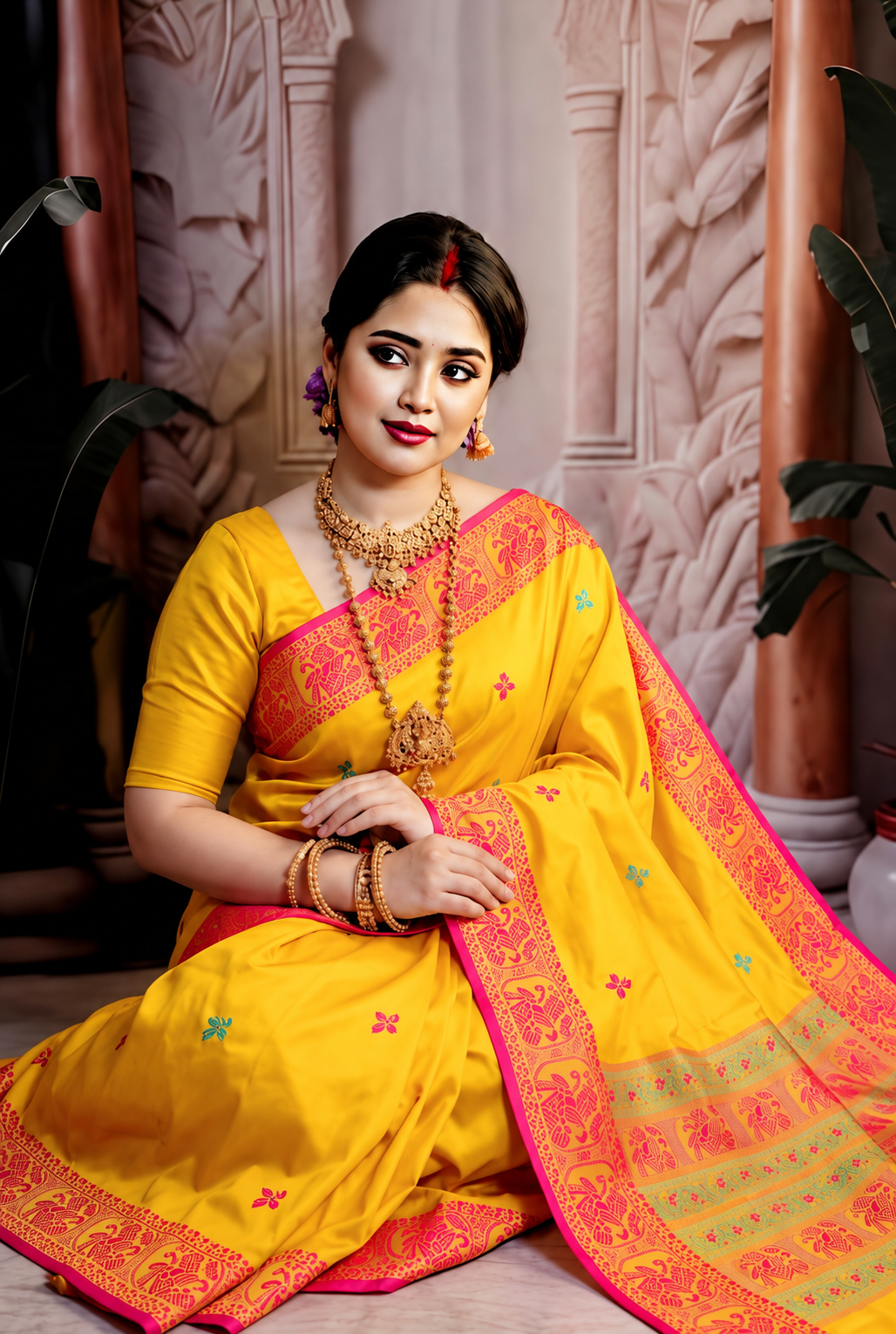 Premium Yellow Tussar Silk Saree with Hand Embroidered Floral Motifs & Pink-Gold Traditional Border | Designer Handcrafted Saree with Blouse Piece