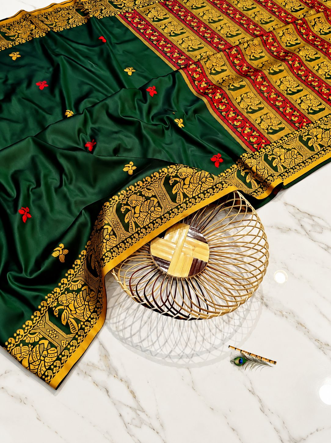 Premium Dark Green Tussar Silk Saree with Hand Embroidered Floral Motifs & Traditional Gold-Red Border | Elegant Handcrafted Saree with Blouse Piece