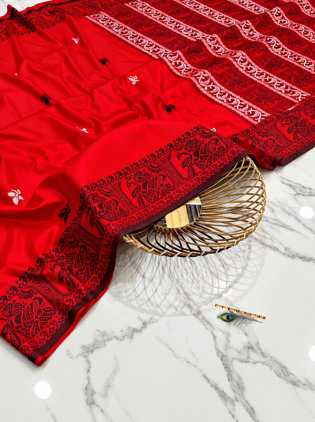 Premium Red Tussar Silk Saree with Intricate Hand Embroidered Motifs & Traditional Printed Border | Designer Handcrafted Saree with Blouse Piece