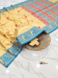 Premium Tussar Silk Saree with Hand Embroidered Motifs & Artistic Blue Border | Designer Handcrafted Saree with Blouse Piece