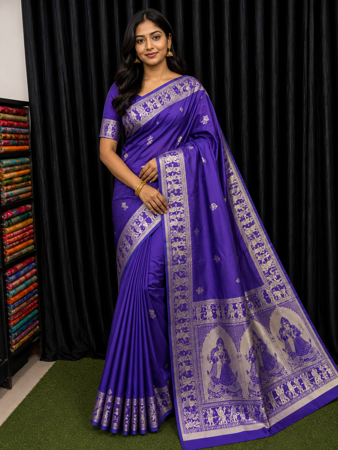 Royal Iris – Violet & Gold Handcrafted Bishnupuri Silk Saree