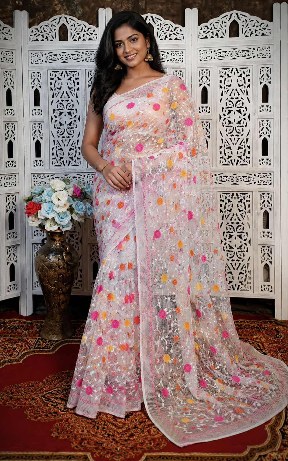 White Resham Kota Silk Saree with Hand Embroidered Vibrant Floral Design – No Blouse Piece