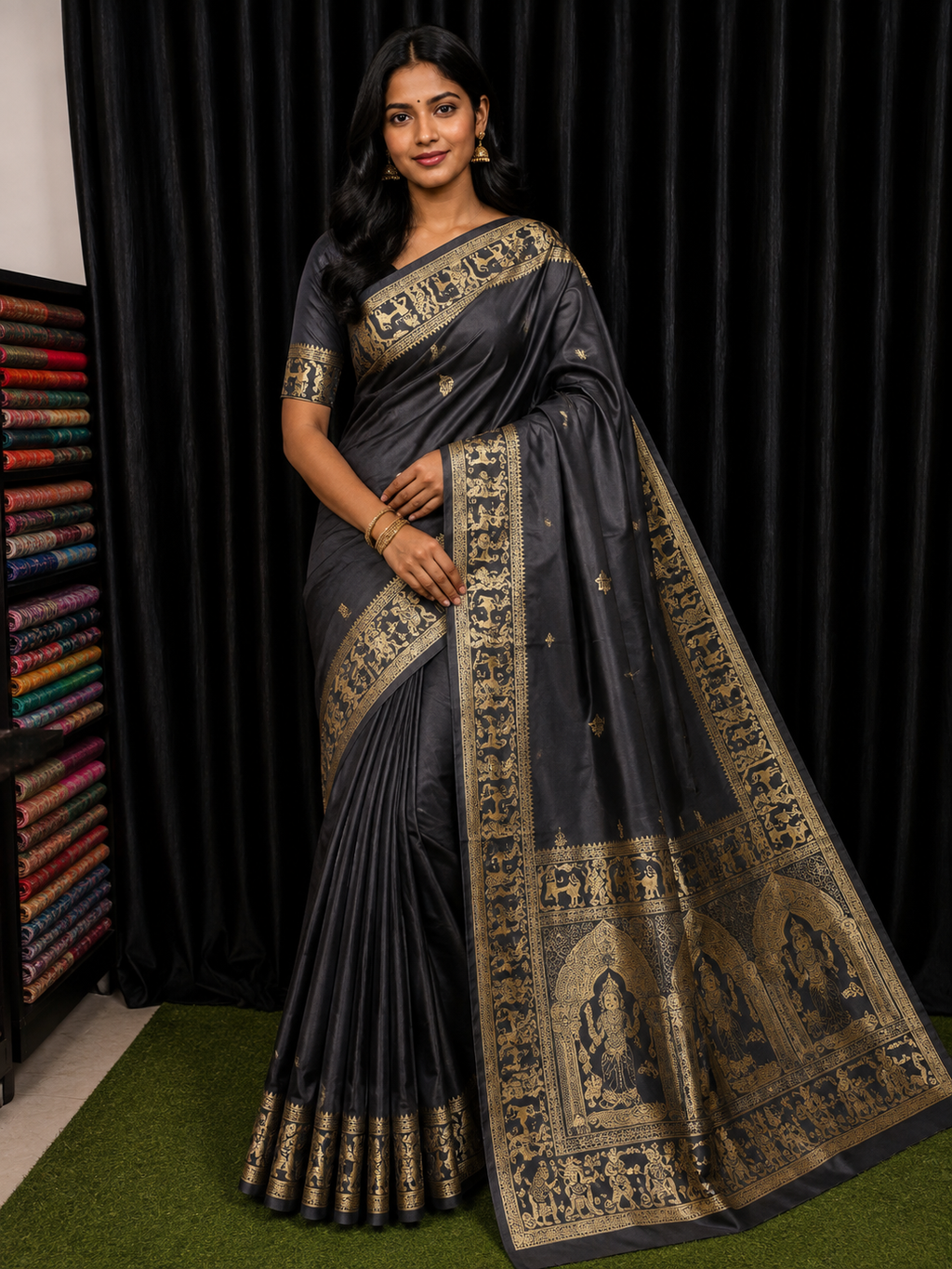 Midnight Majesty – Black & Gold Handcrafted Bishnupuri Silk Saree