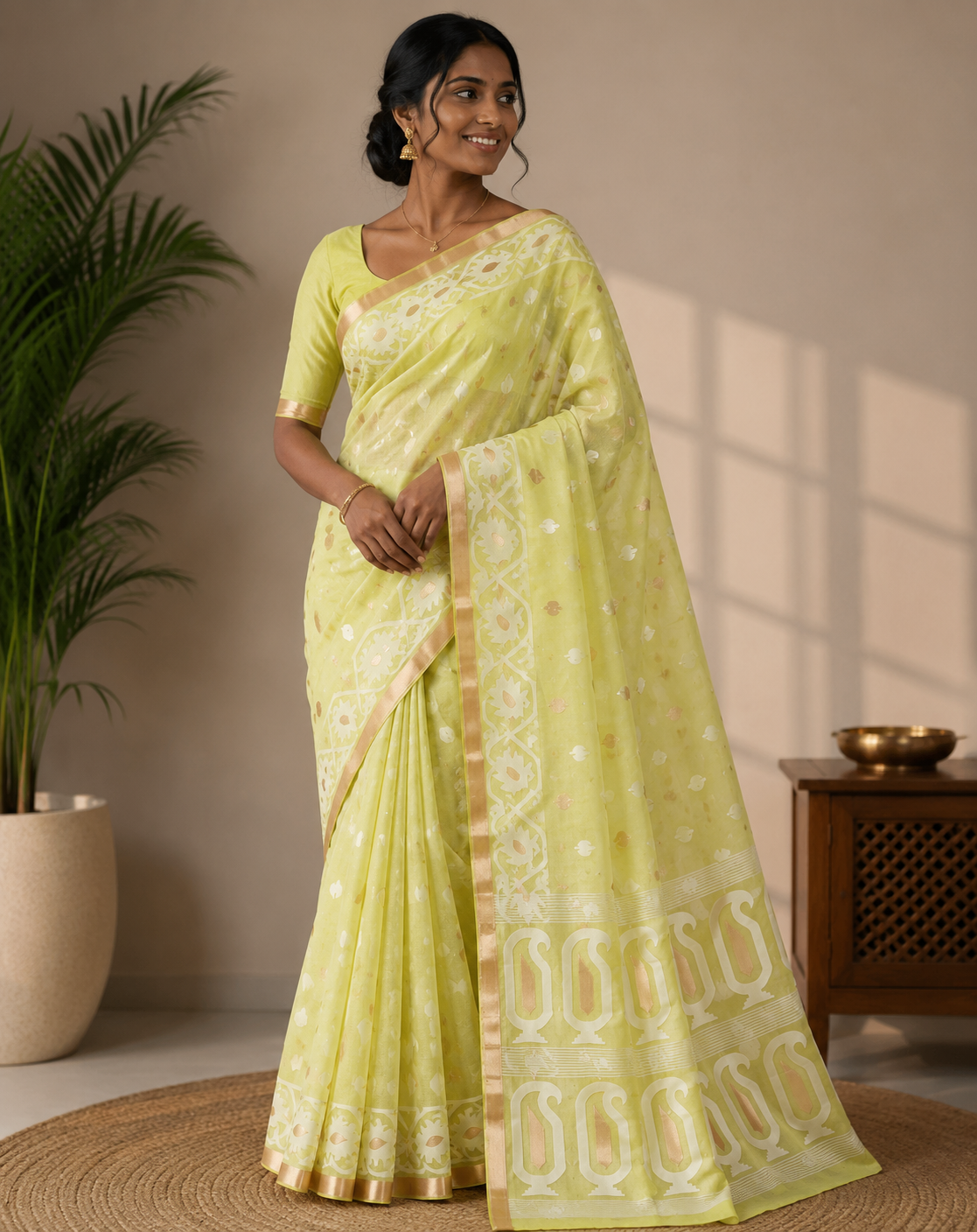 Radiant Lemon Yellow Handcrafted Muslin Silk Jamdani Saree with Zari Butti and Border