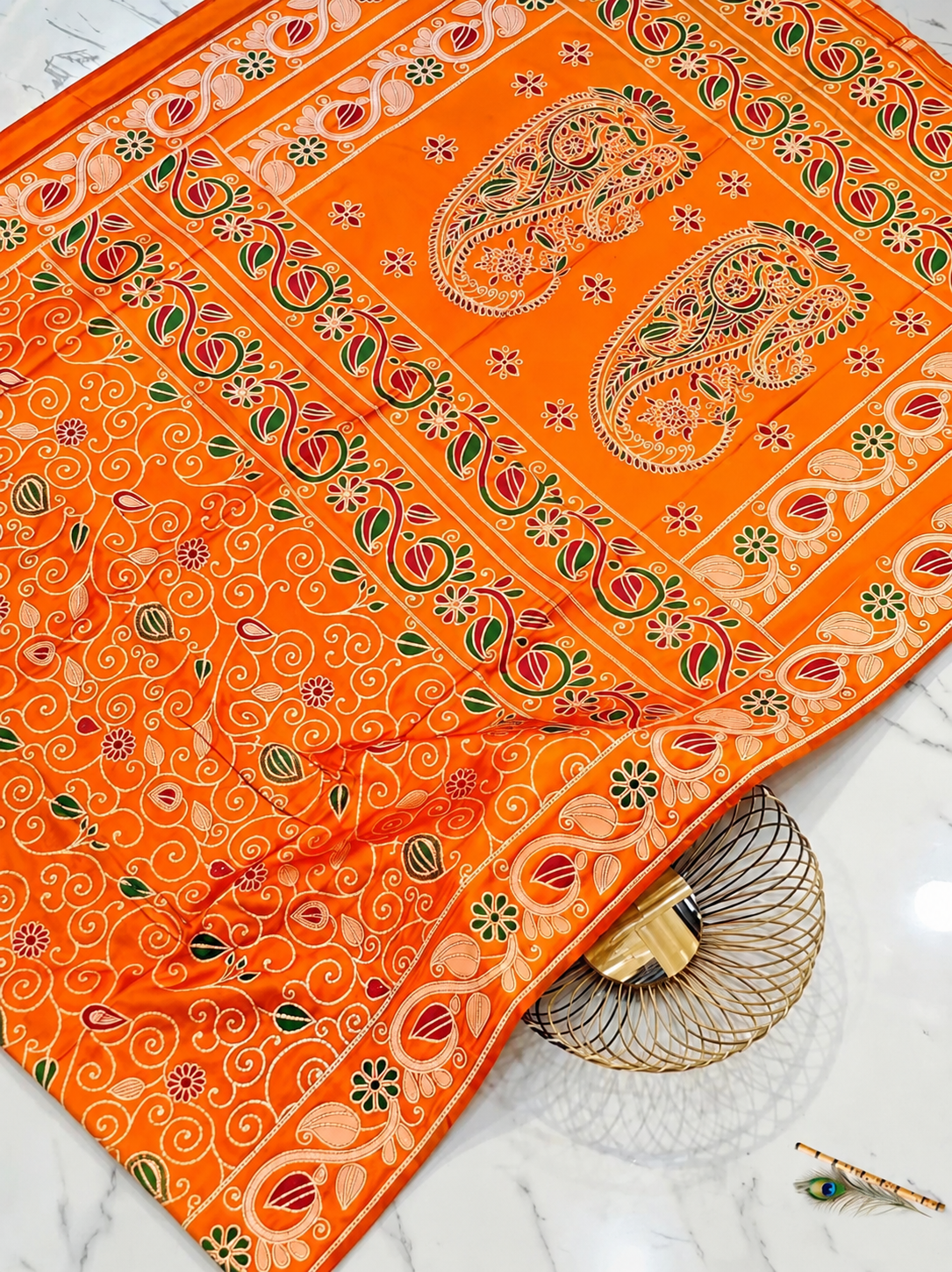 Premium Katan Silk Saree with Traditional Handwork & Multicolor Paisley Motifs – Orange