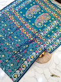 Premium Katan Silk Saree with All-Over Handwork, Traditional Stitch Detailing & Paisley Floral Motifs – Teal Blue