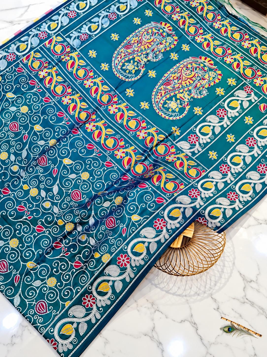Premium Katan Silk Saree with All-Over Handwork, Traditional Stitch Detailing & Paisley Floral Motifs – Teal Blue