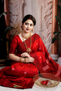 Premium Red Tussar Silk Saree with Intricate Hand Embroidered Motifs & Traditional Printed Border | Designer Handcrafted Saree with Blouse Piece