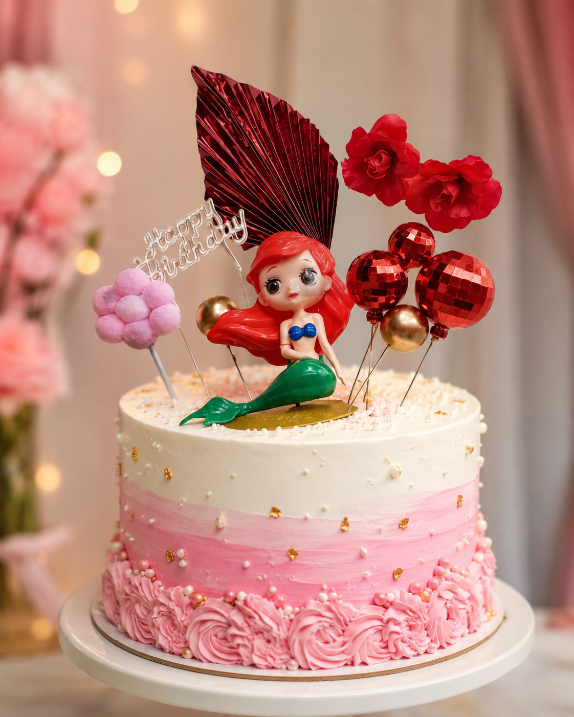 Premium Mermaid Birthday Cake Topper Decoration Set | Happy Birthday Topper, Decorative Balls & Flowers | Cake Decoration Kit for Girls Birthday Party {Random Caracter} - 20880
