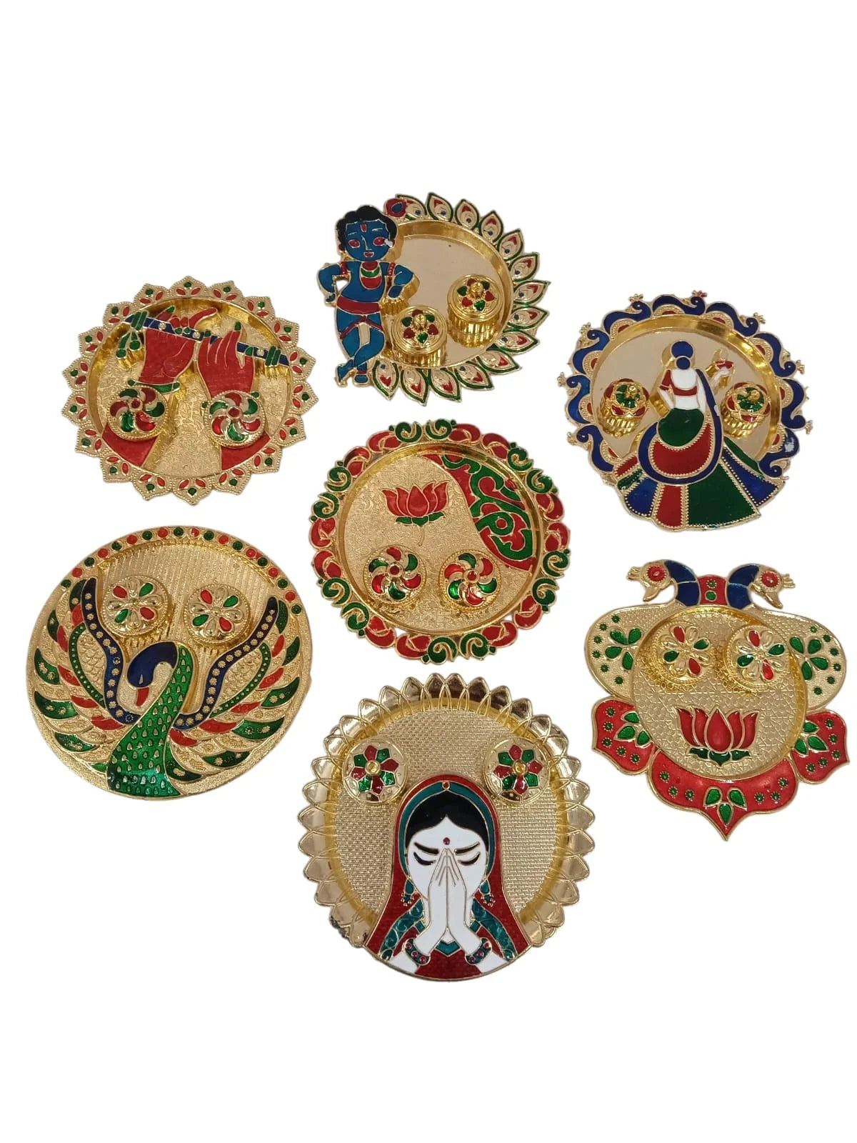 Traditional Handcrafted Gold Plated Plastic Thali Haldi kumkum Chandhan Holder Plate with Lid for Pooja {Random Design} - 11351